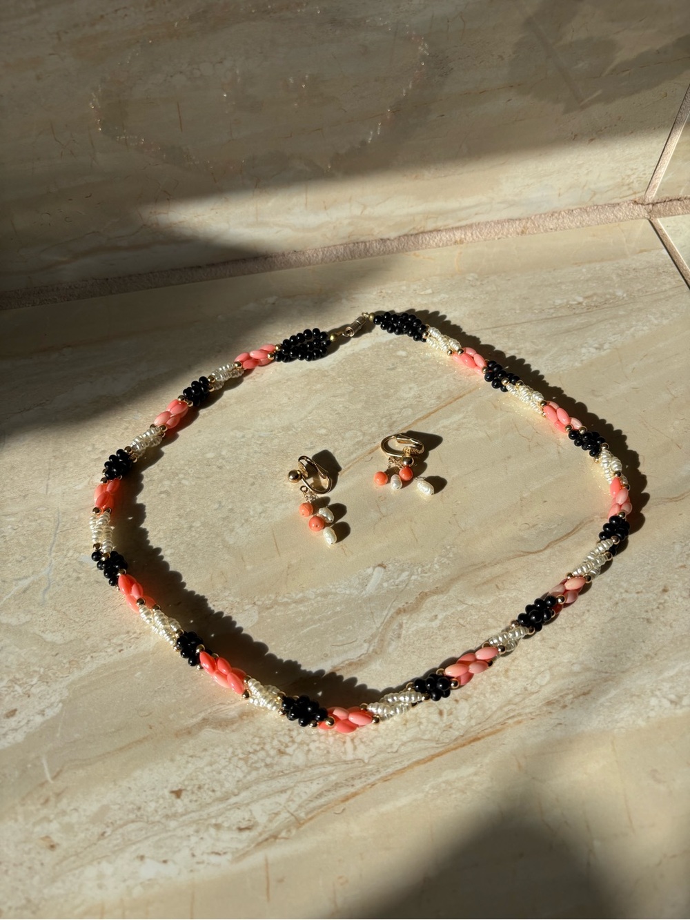Delicate Coral, Black and Pearl Beaded Necklace with Matching Earrings